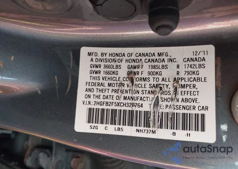 2012 Honda Civic Lx z USA, uszkodzony, nr VIN 2HGFB2F5XCH326764